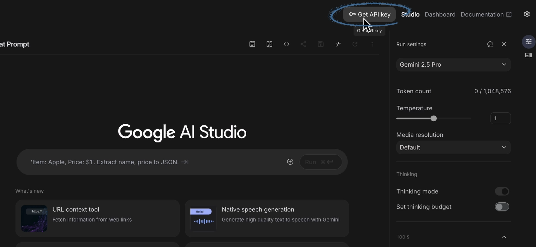 Click 'Get API Key' in the top right corner of Google AI studio to start creating a new API key