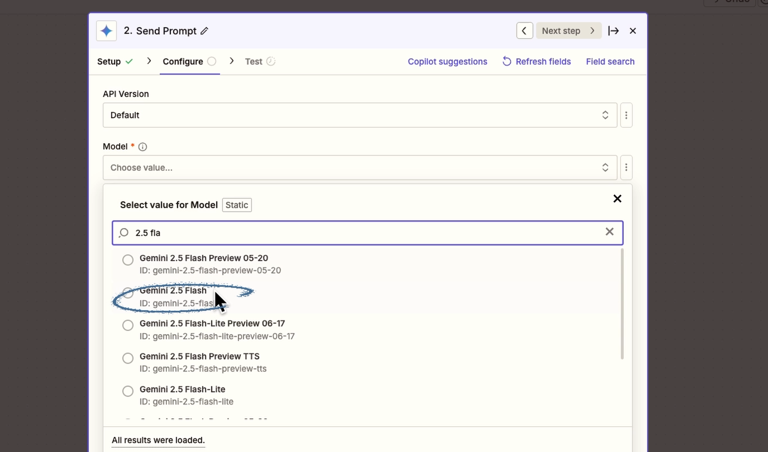 Select a model for Gemini to use