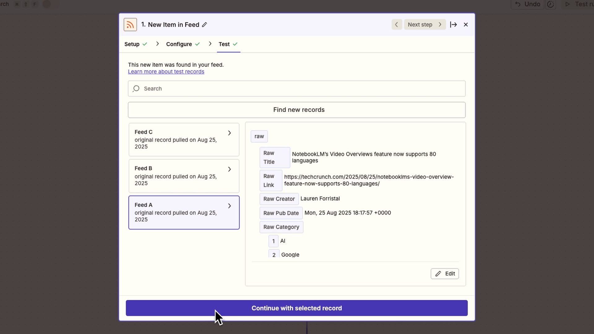 Choose a test record and continue