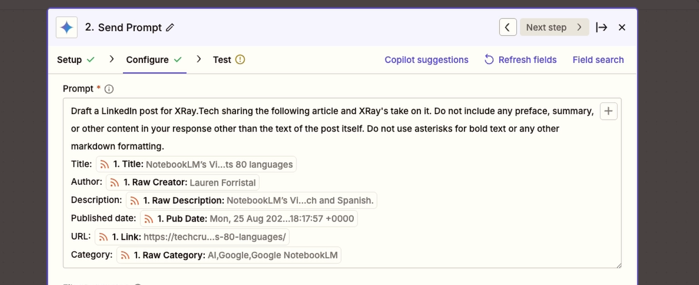A Gemini prompt in Zapier with dynamic data retrieved from the trigger