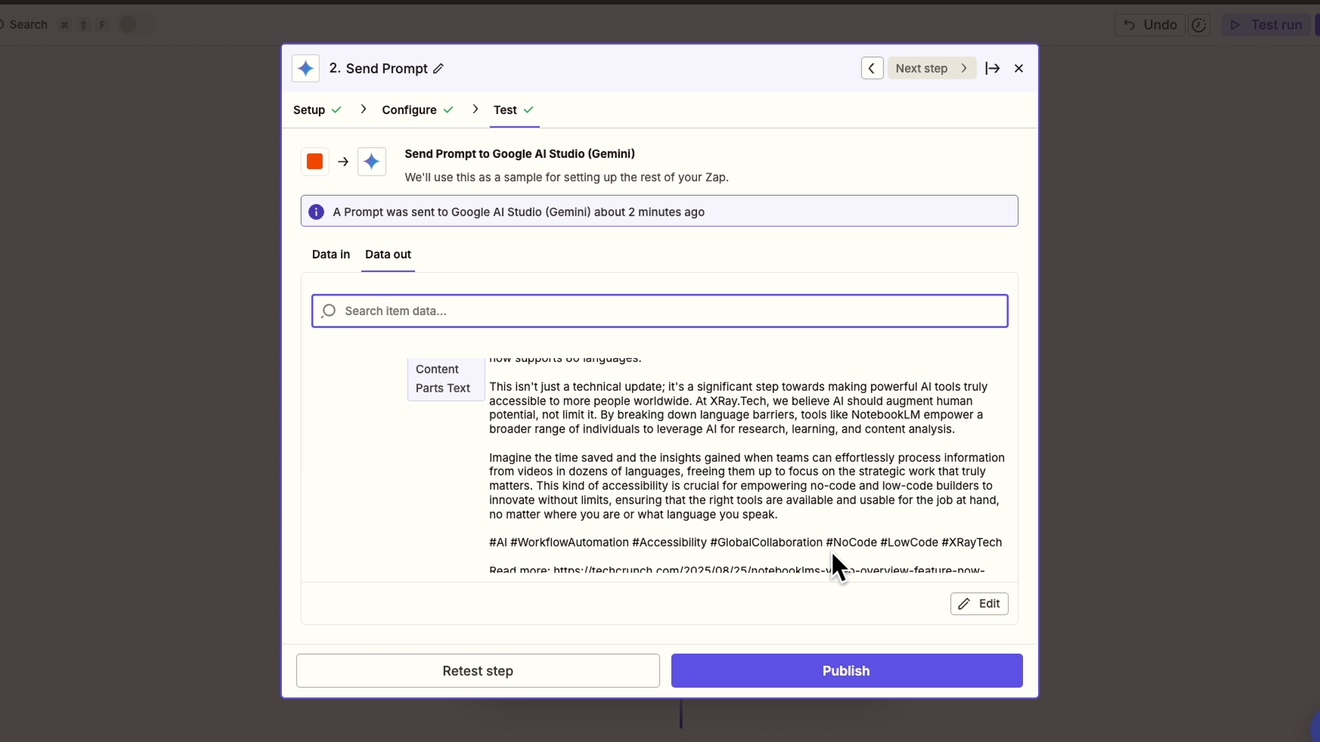 Gemini's response in Zapier