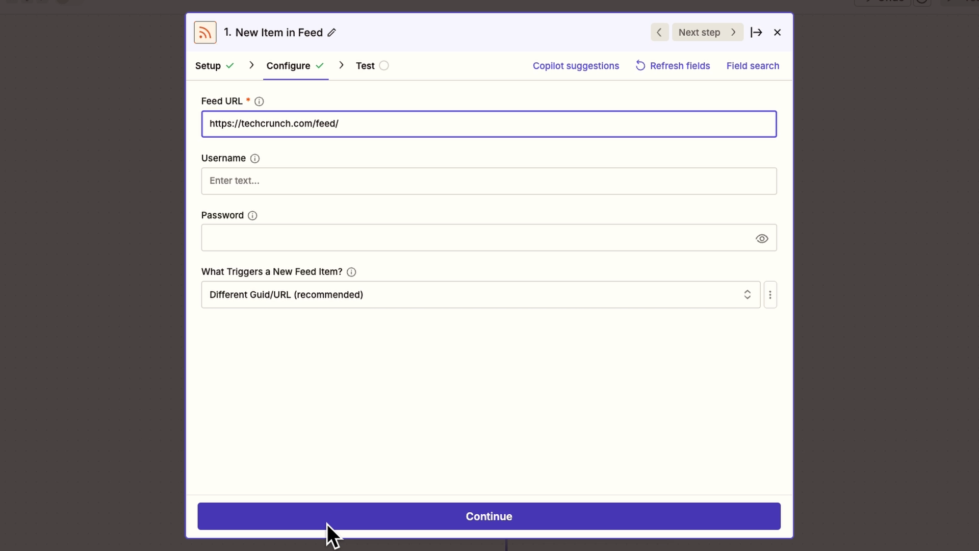 Configuring an RSS trigger by pasting in an RSS feed URL