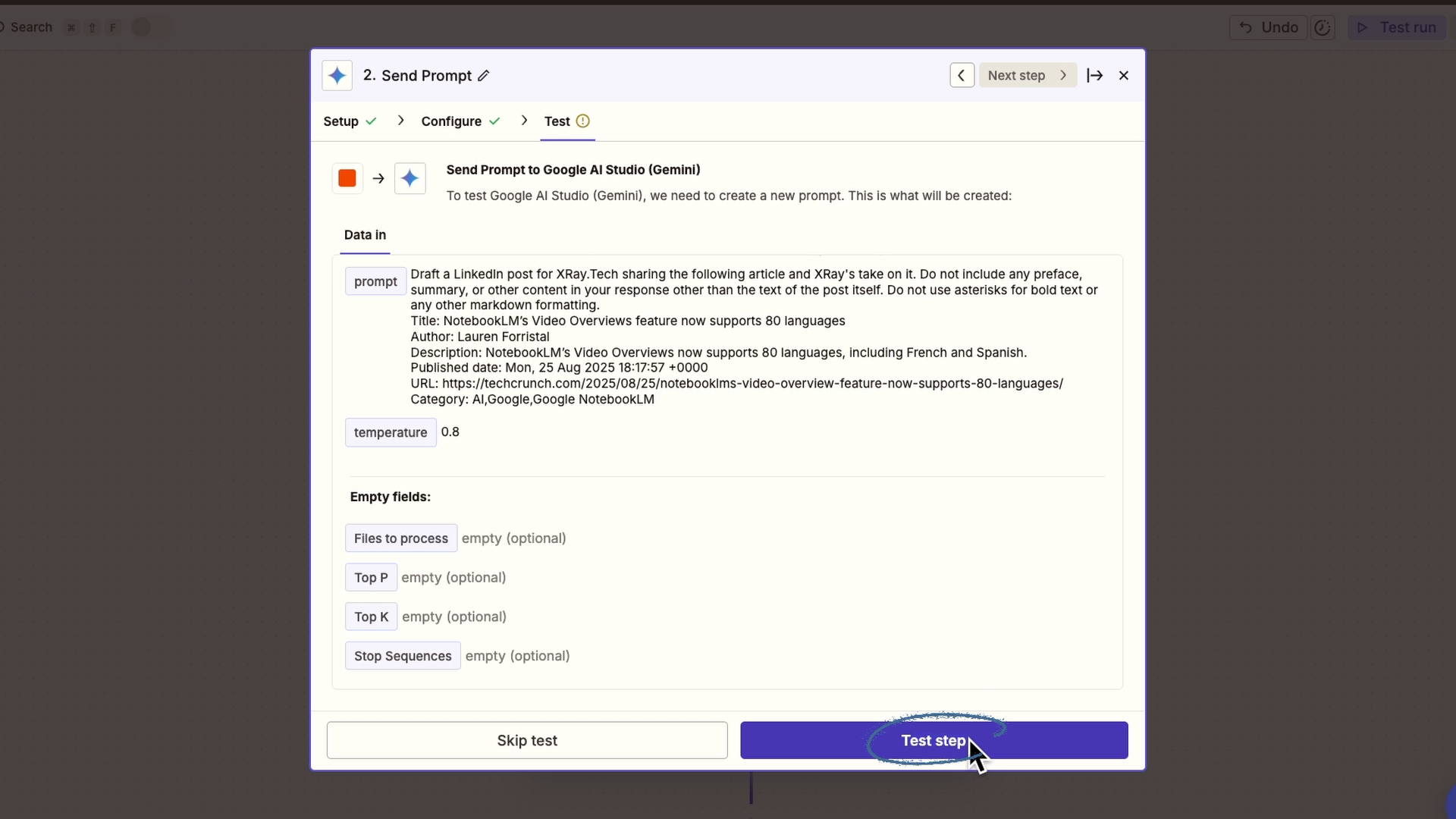 Testing a Gemini prompt in Zapier