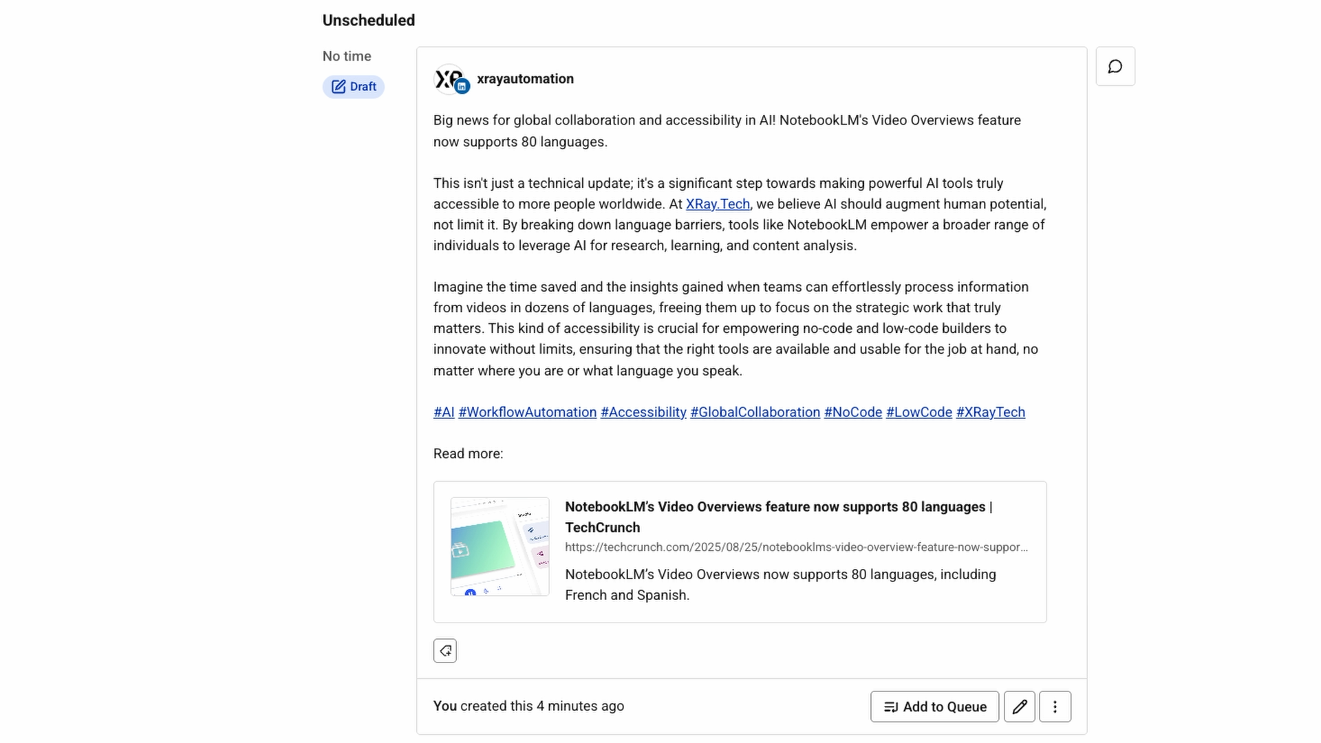 the Gemini-drafted post in the Buffer queue 