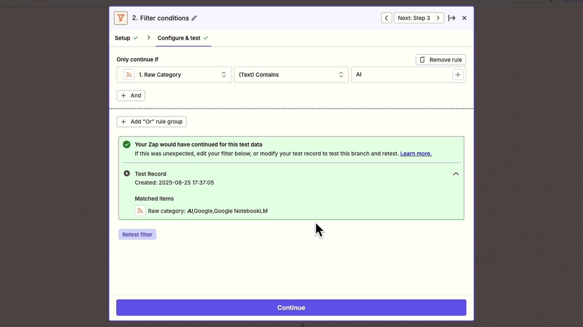 Adding a keyword filter to the Zap 