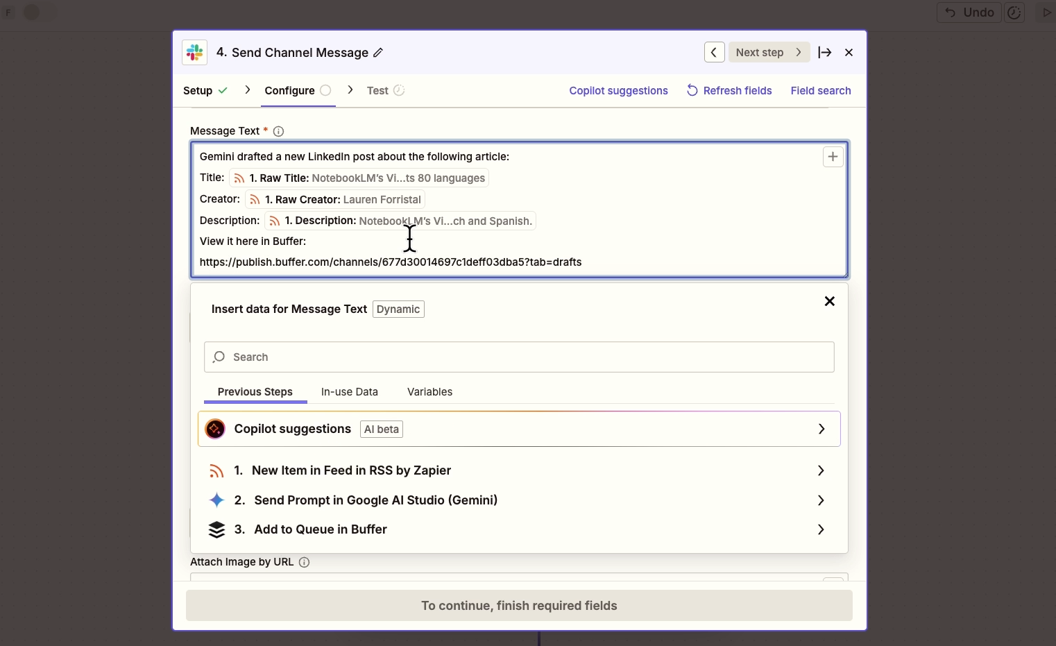 Configuring a Slack alert in Zapier