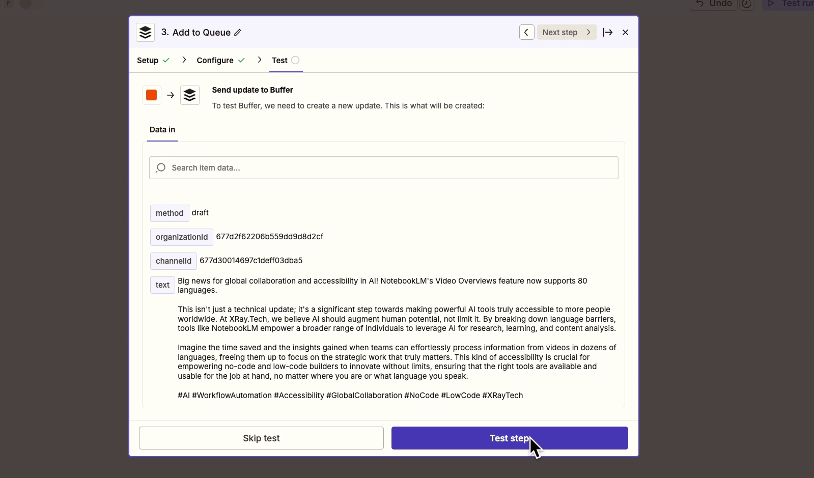 Testing a Buffer step in Zapier