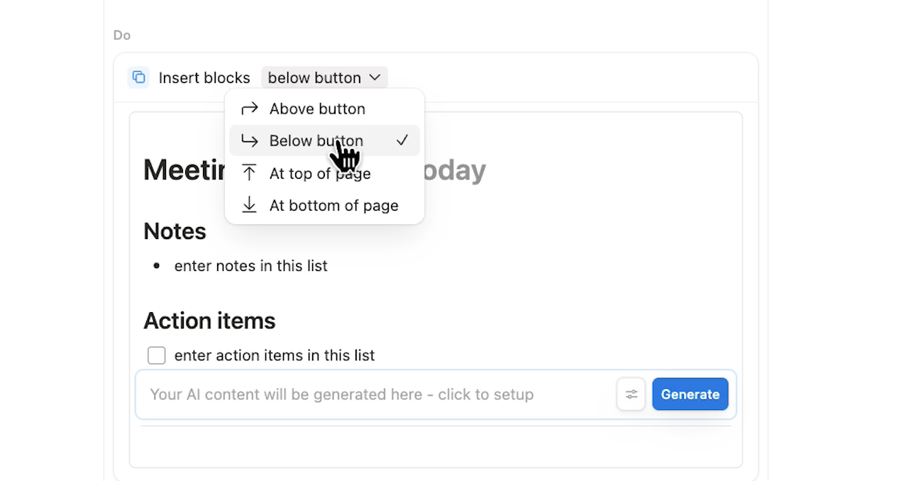 Choosing to insert blocks below the template button