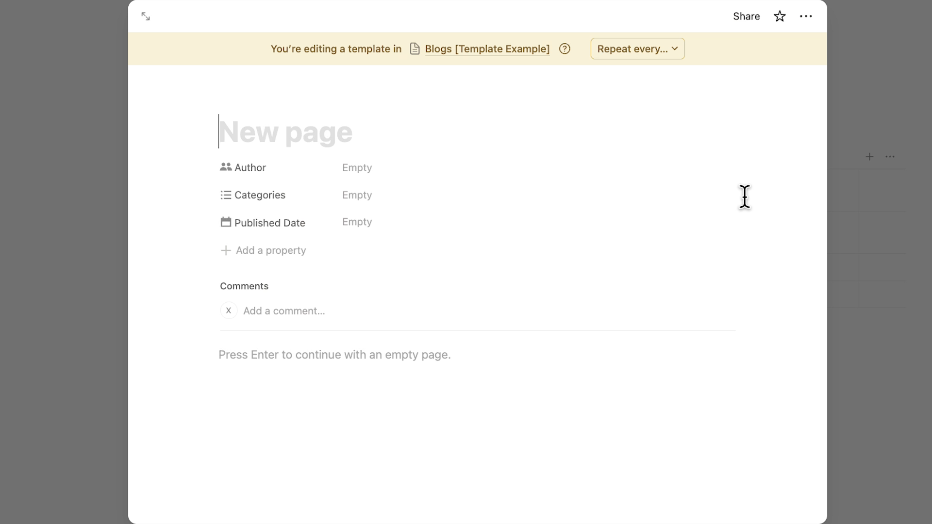 A blank database template page