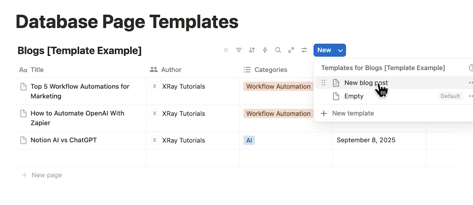 Selecting a template from the "New" list 