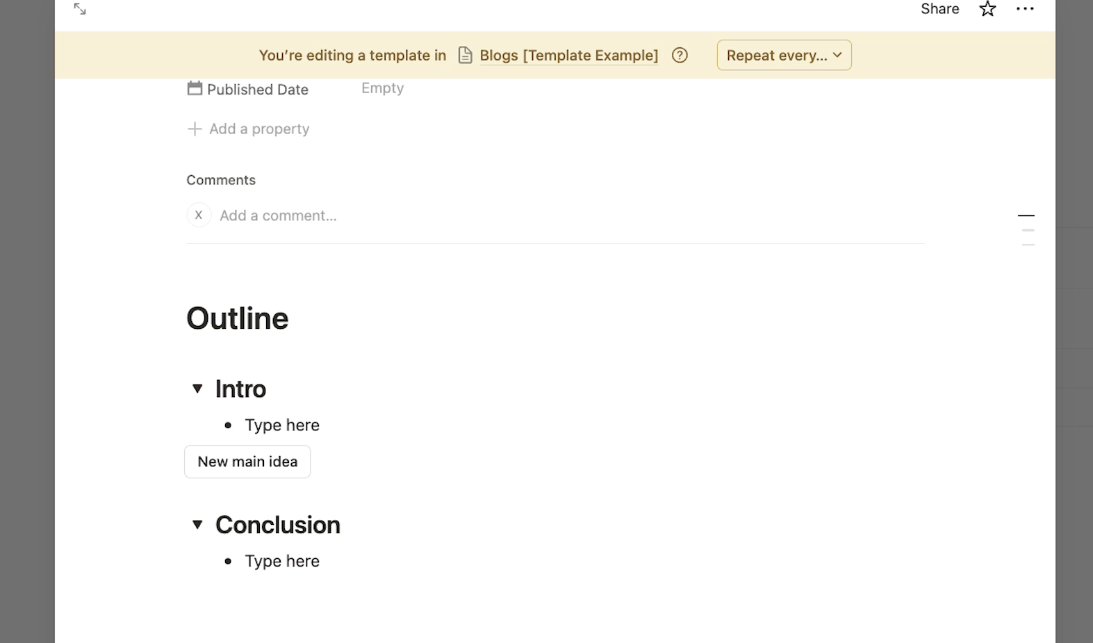 A database page template with a nested template button