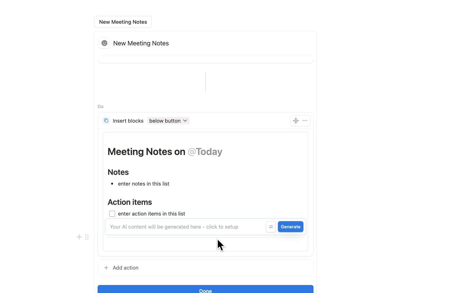 A button template with headers, bulleted lists, and an AI block
