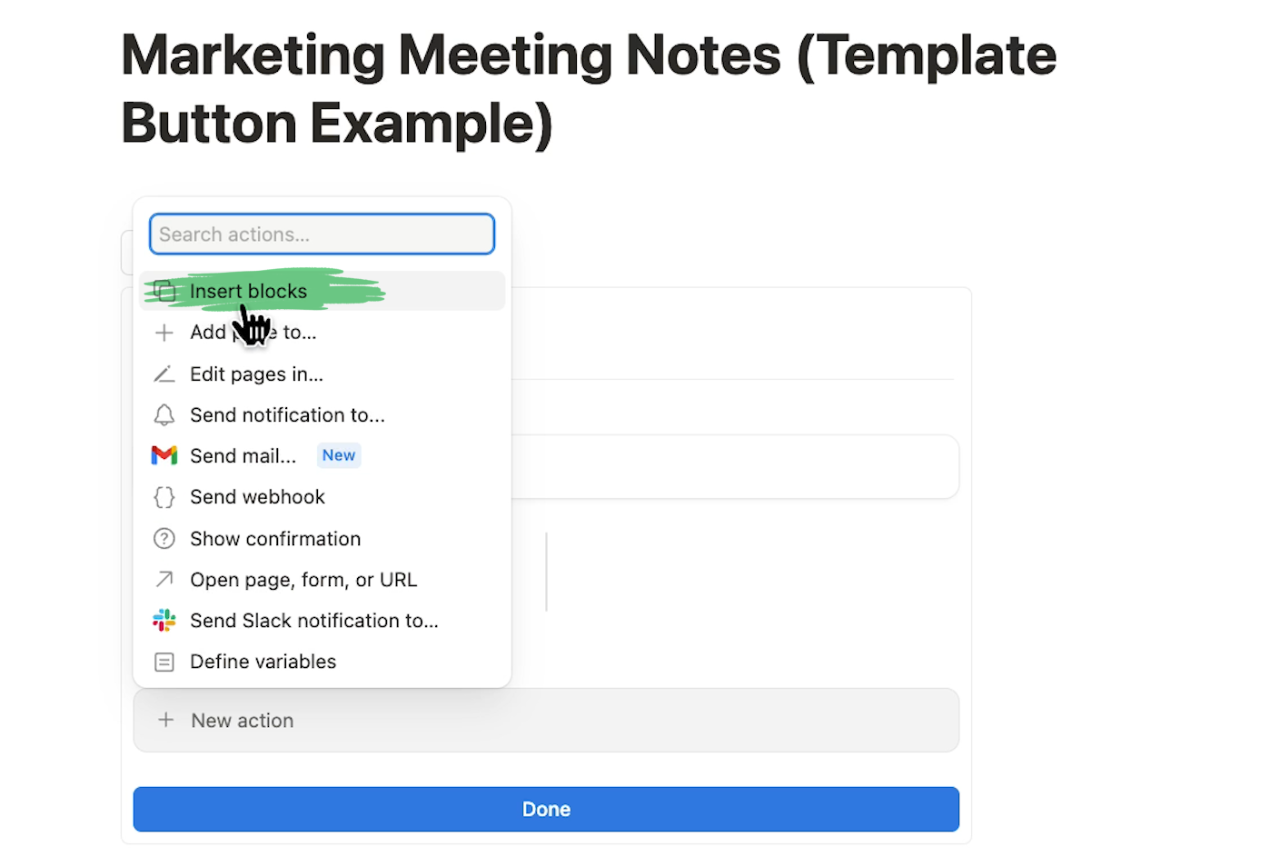 Choosing the "insert blocks" action in a Notion button