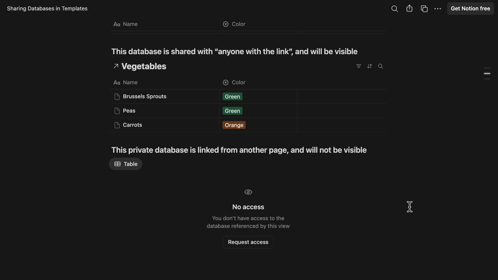 A published version of the Notion page with several databases. The private database is not visible. 