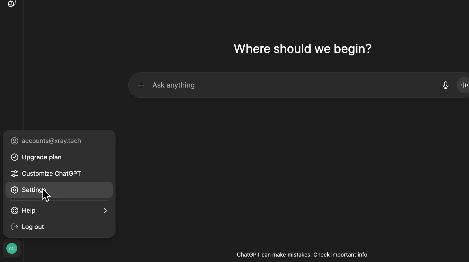 Opening ChatGPT settings