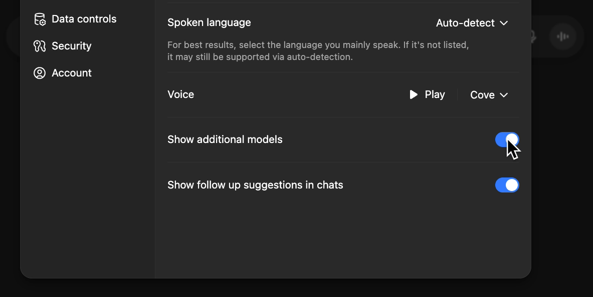 Enabling additional legacy models with the toggle in ChatGPT settings