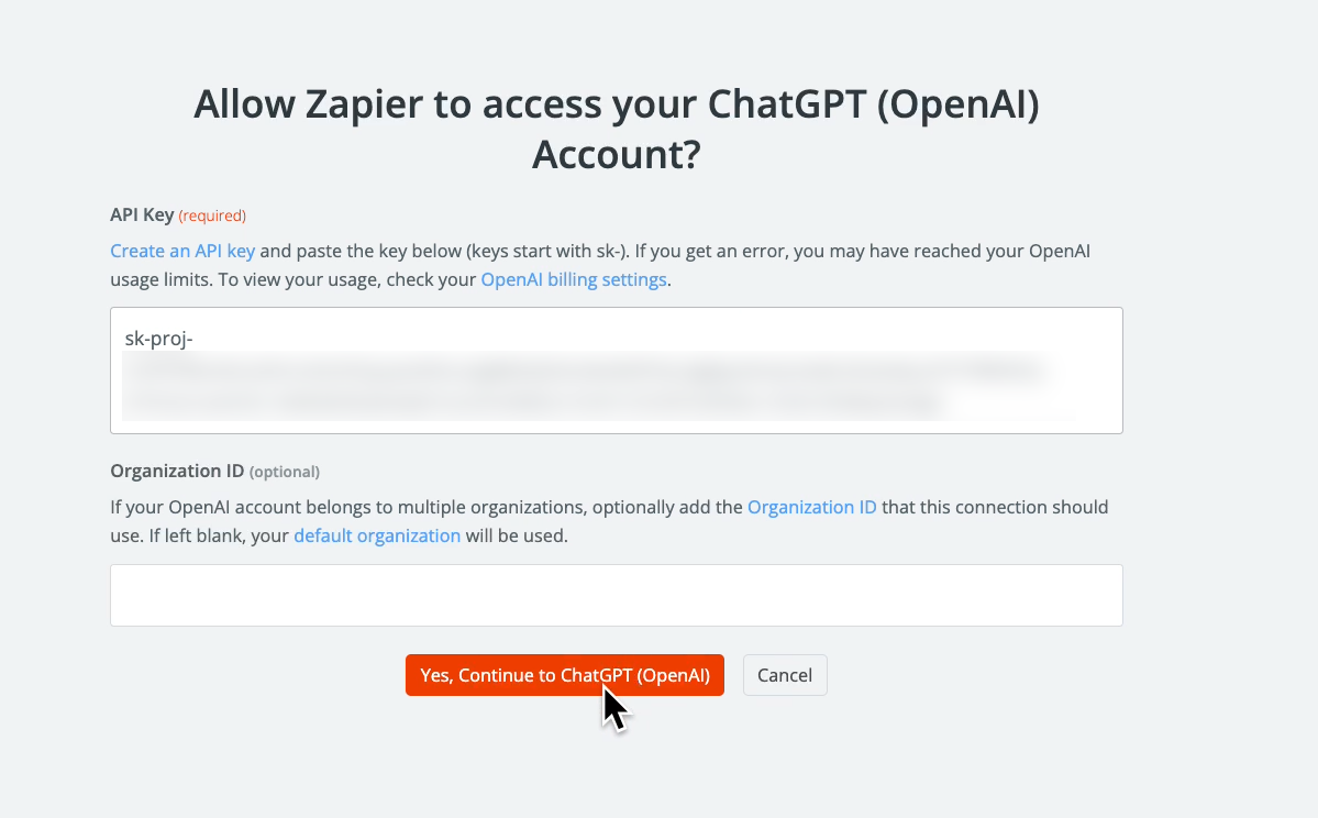 Pasting the OpenAI key into Zapier
