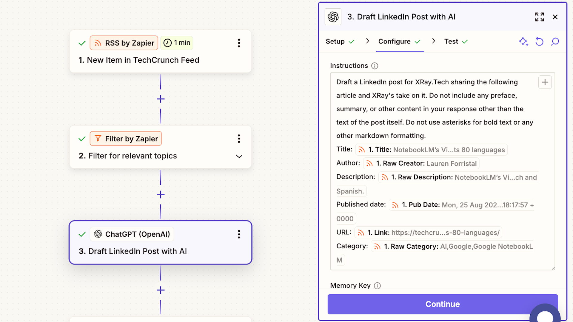 An example AI automation that drafts social media posts for new items in an RSS feed