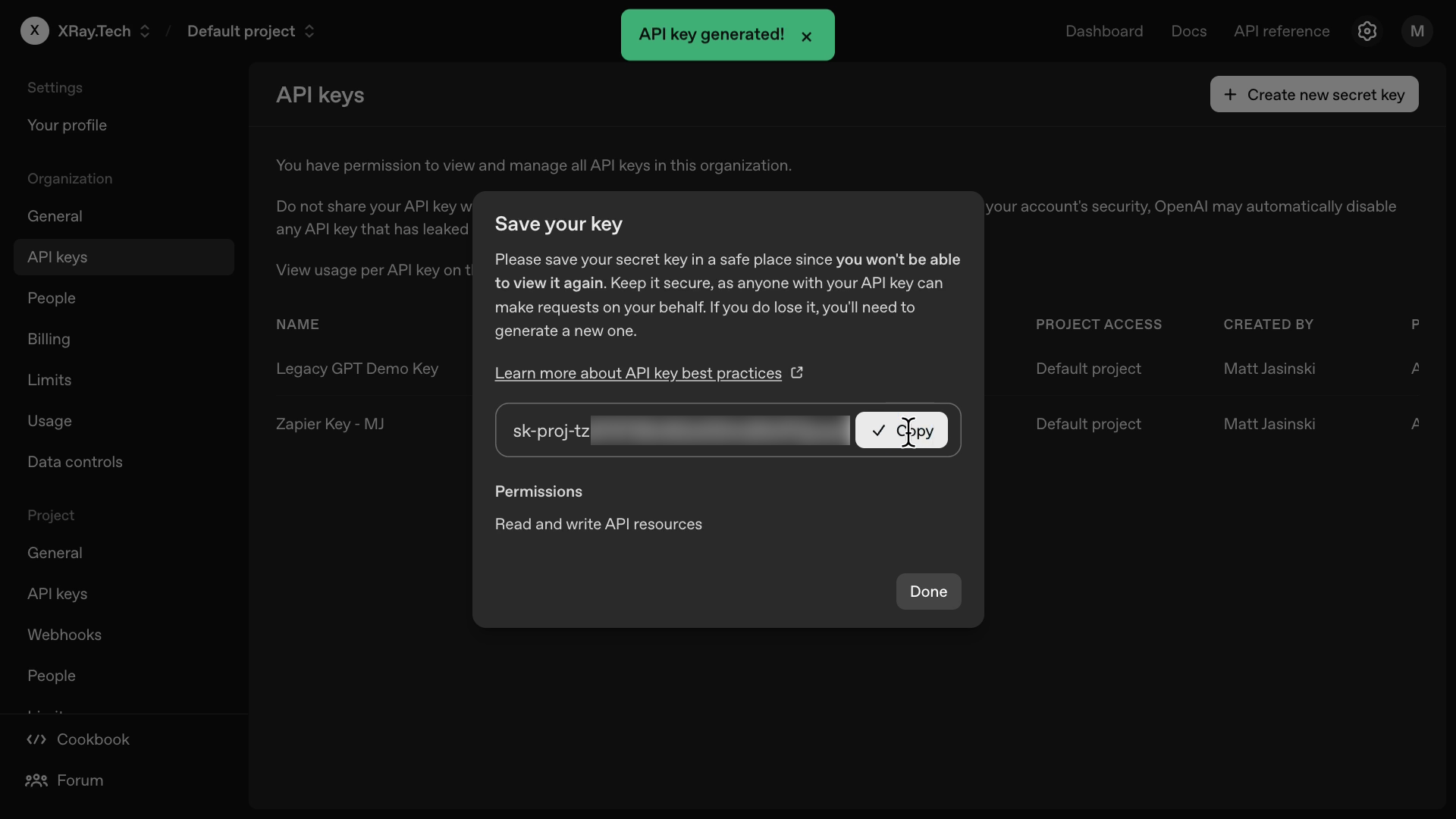 Creating a new secret key in OpenAI