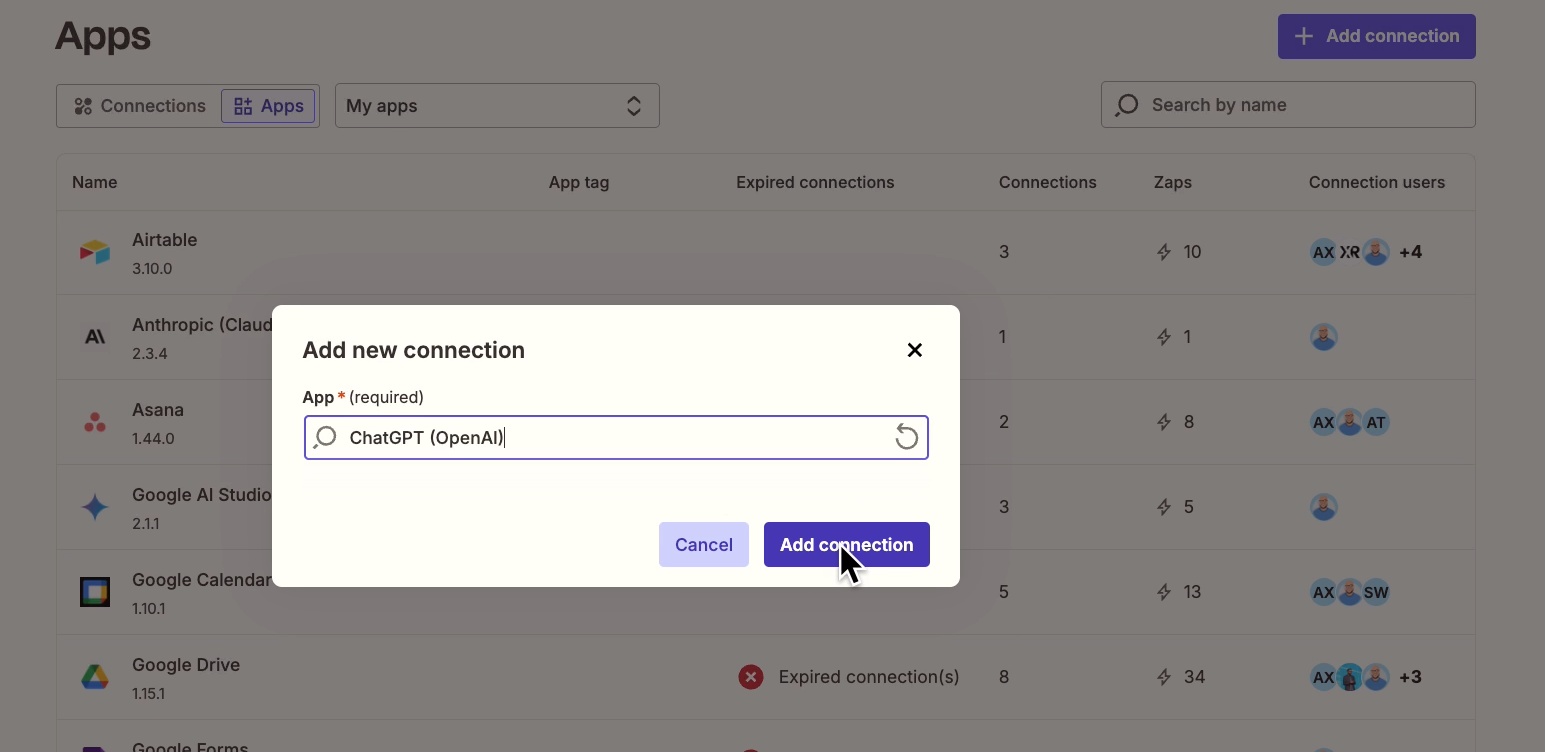 Creating a new OpenAI connection in Zapier