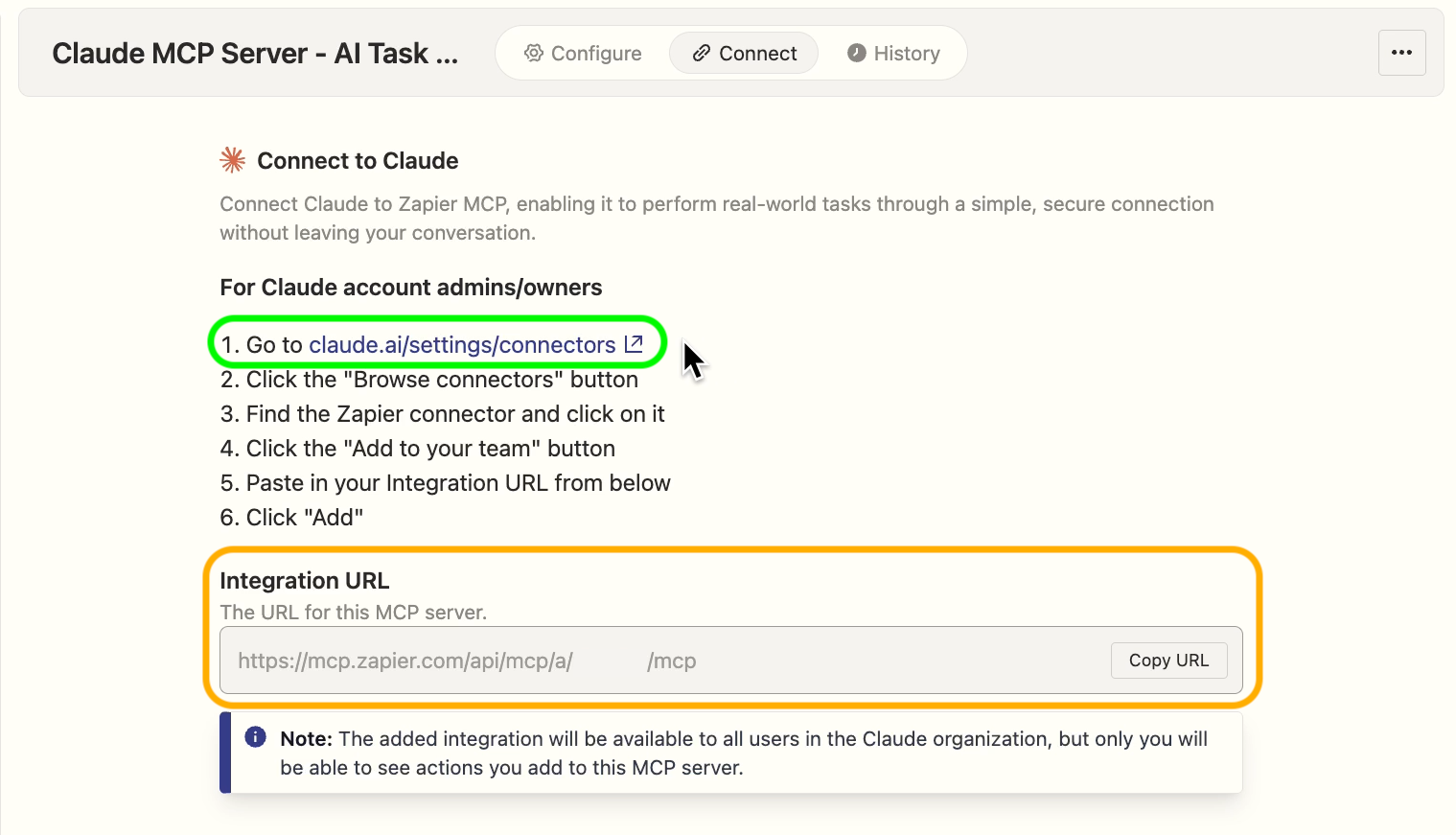 Copying the integration URL in Zapier MCP