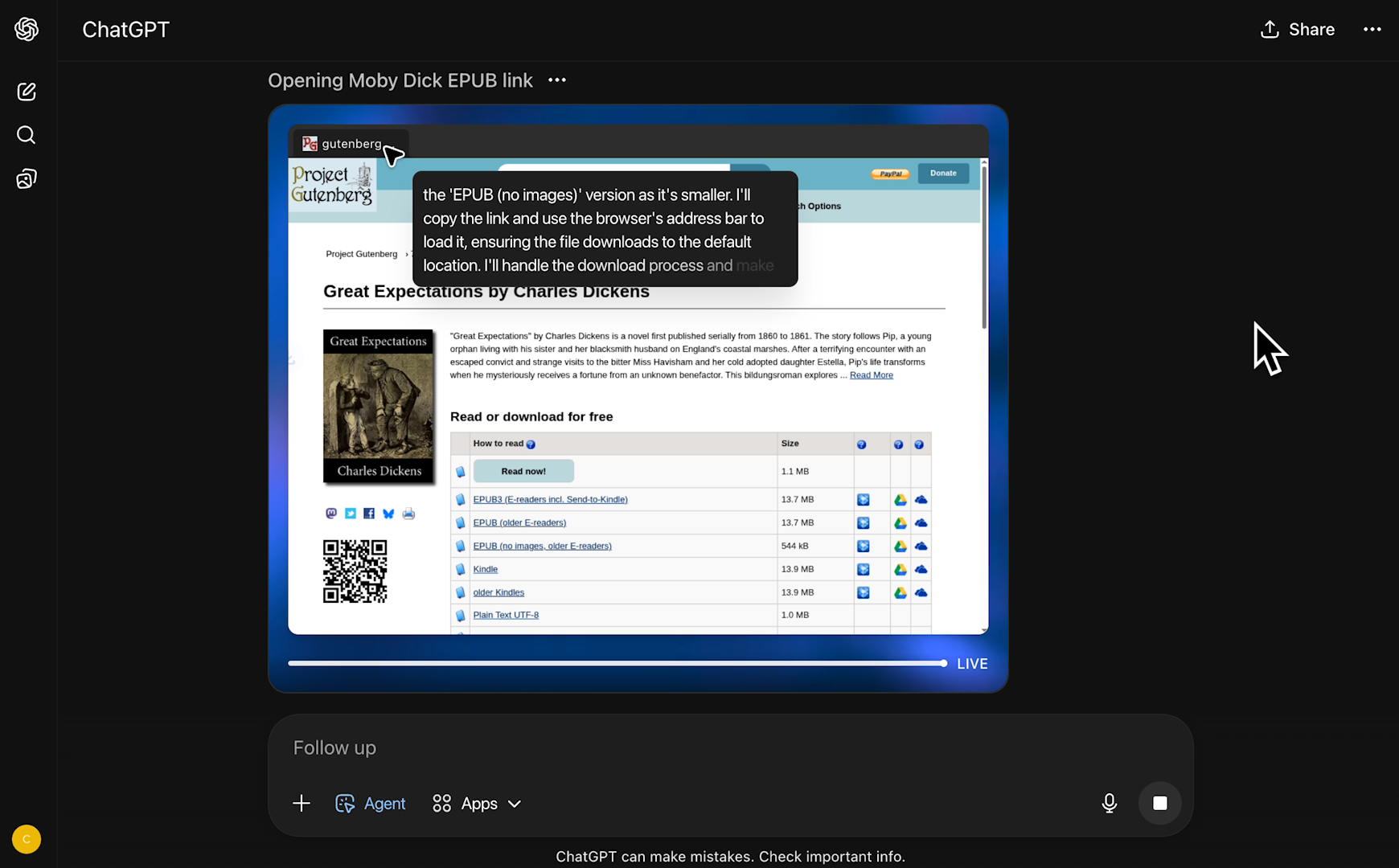 Agent mode in action finding books on Project Gutenberg