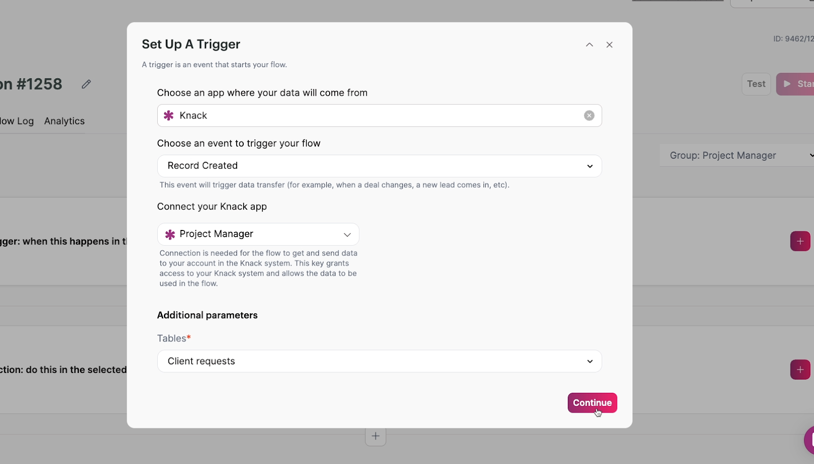 "Set Up A Trigger" panel open with data coming from Knack. With "Client requests" table set as an Additional parameters