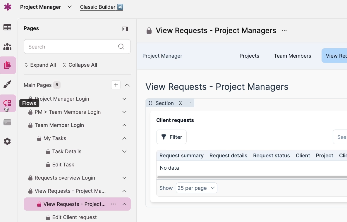 "View Requests - Project Managers" page open with the Flows tab highlighted