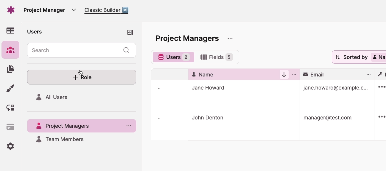 Project Manager Page with the "Role" being clicked