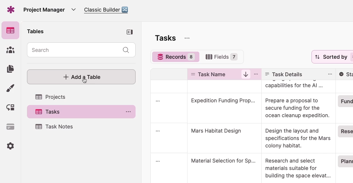 The tasks "Table" open with "Add a Table" being clicked