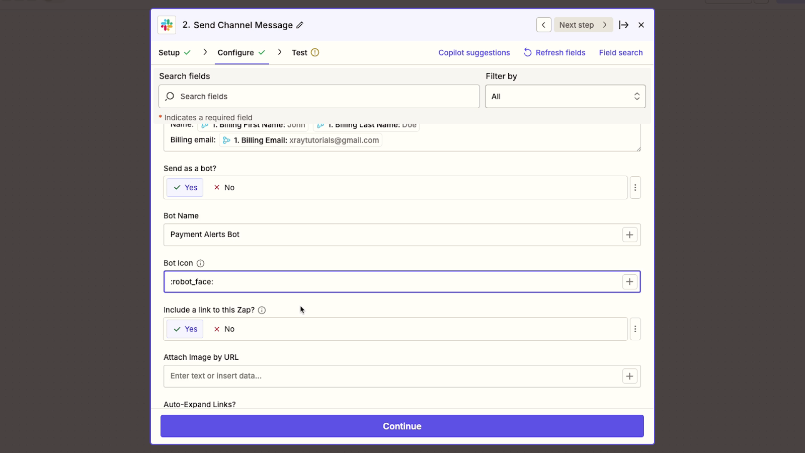 Slack message configuration wth a Bot Name and Icon being selected