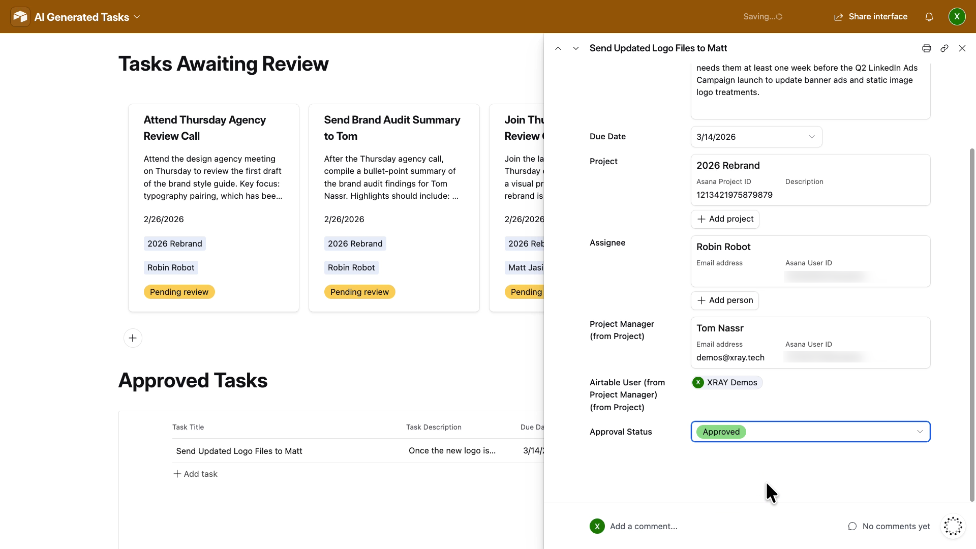 Project managers review and approve new tasks in an Airtable interface