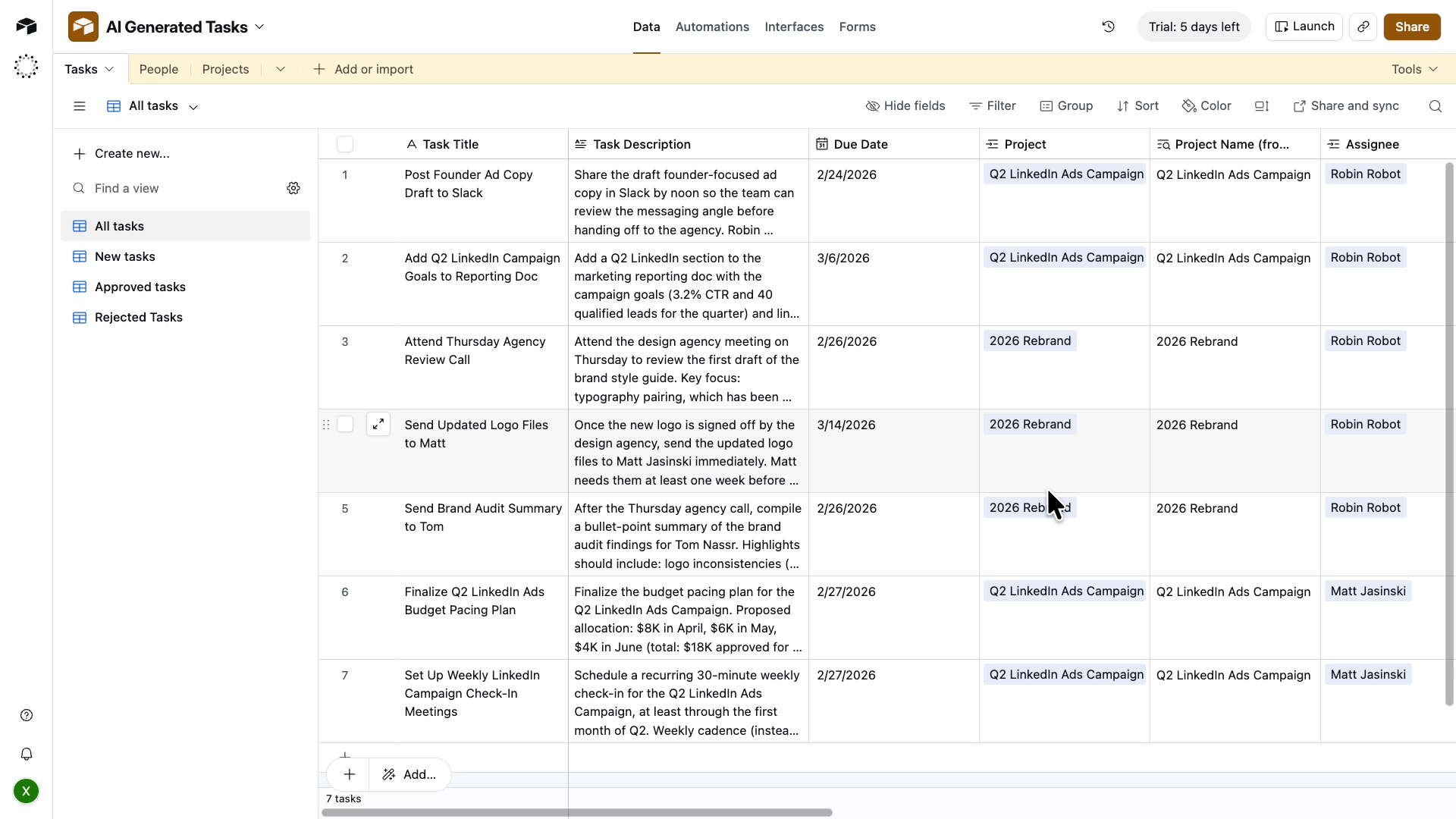 Tasks are logged in an Airtable base