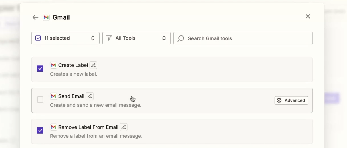 Disabling specific tools for Gmail in Zapier MCP