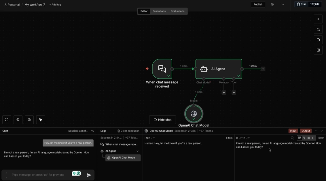 Sending a test message to the AI agent