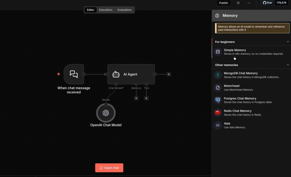 Choosing "simple memory" for the AI agent