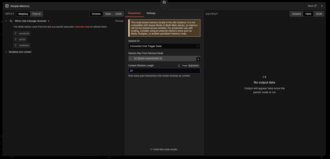 Configuring simple memory for an AI agent