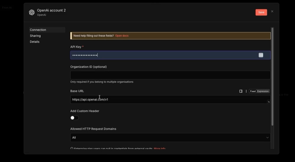 connecting OpenAI credentials to n8n