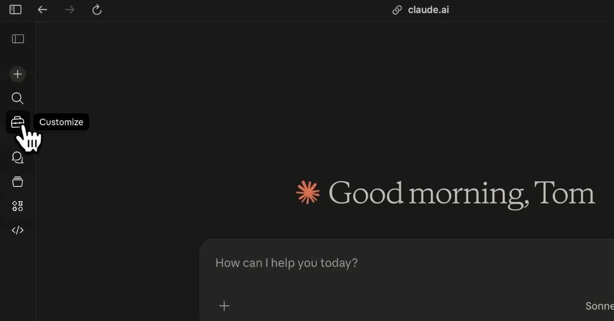 Clicking "customize" to access Claude skills and connections