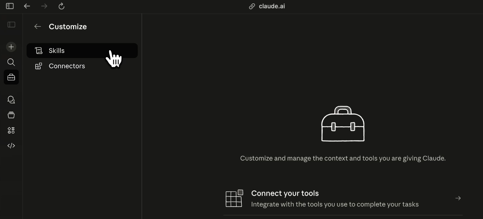 Selecting skills from the "Customize" menu