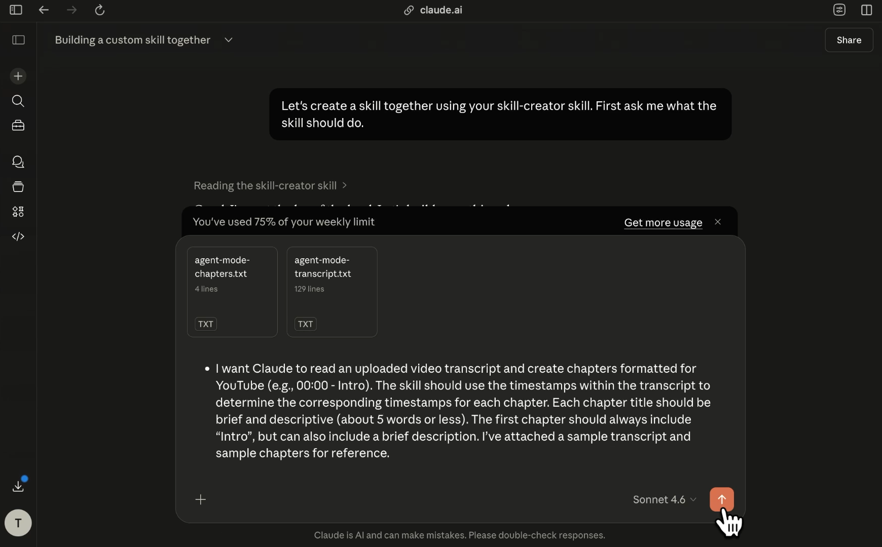 Our prompt for creating a simple YouTube chapter skill