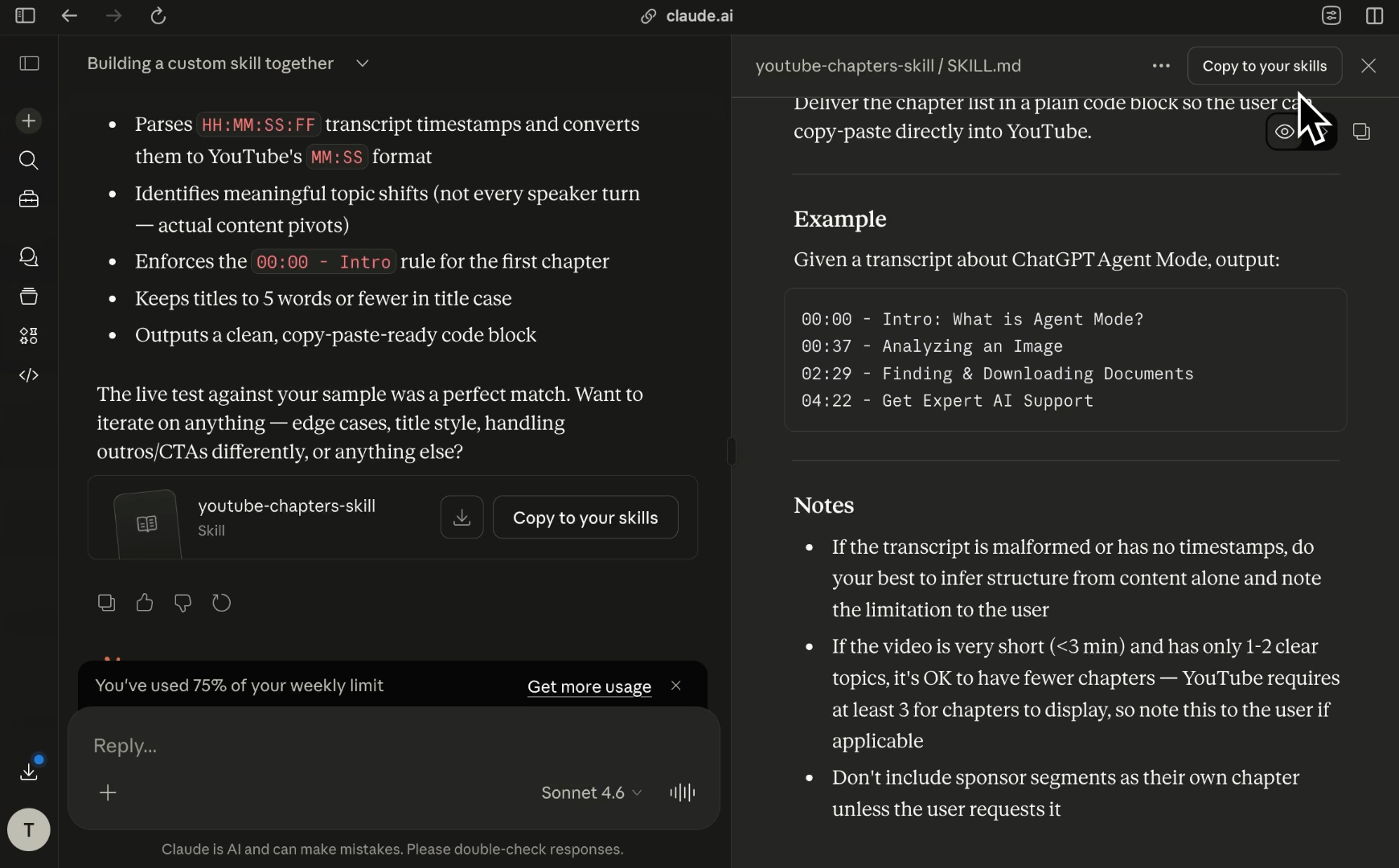 Claude skills include examples for reference