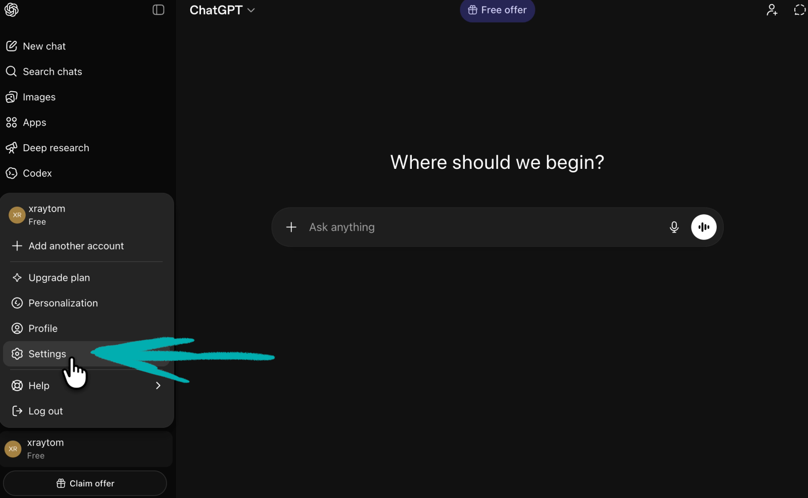 Accessing account settings in ChatGPT