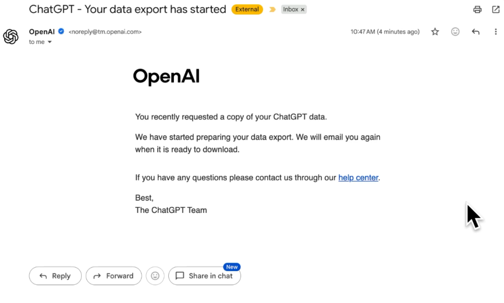 An email from Chat GPT noting that the export has started