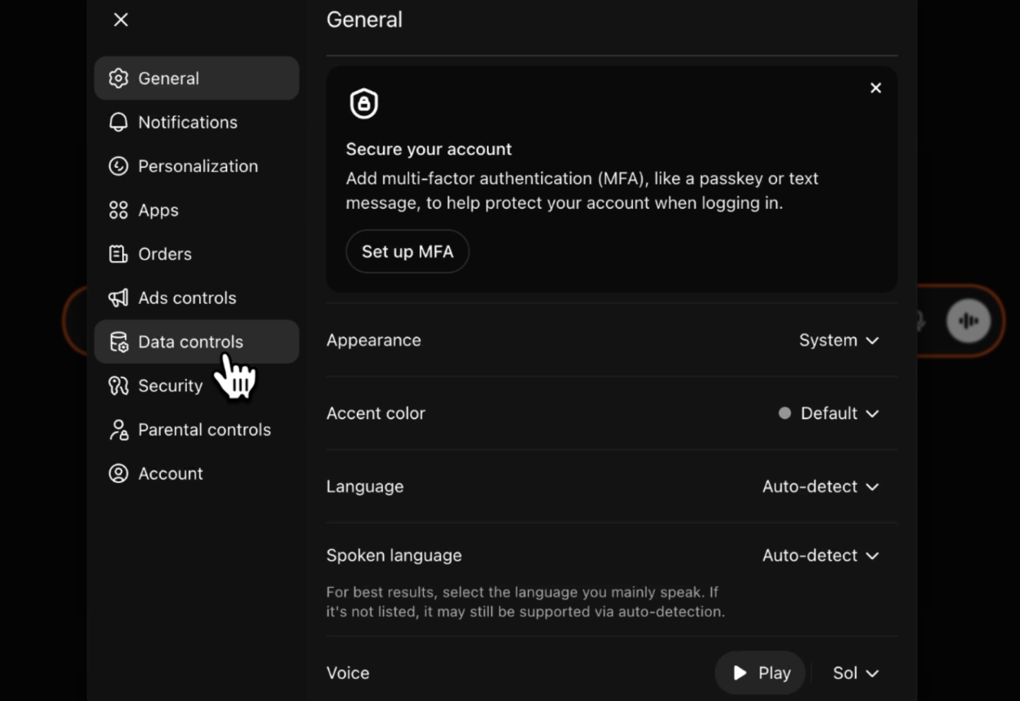 Navigating to data controls in ChatGPT
