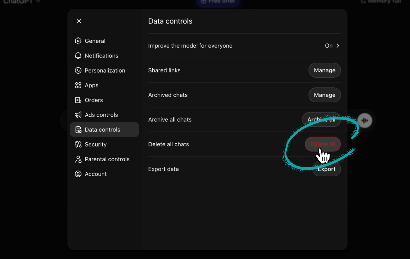 Deleting chats from ChatGPT under Data Controls