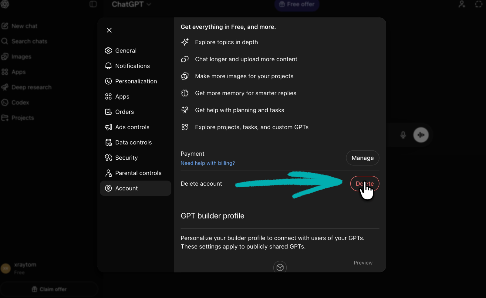 Deleting a ChatGPT account