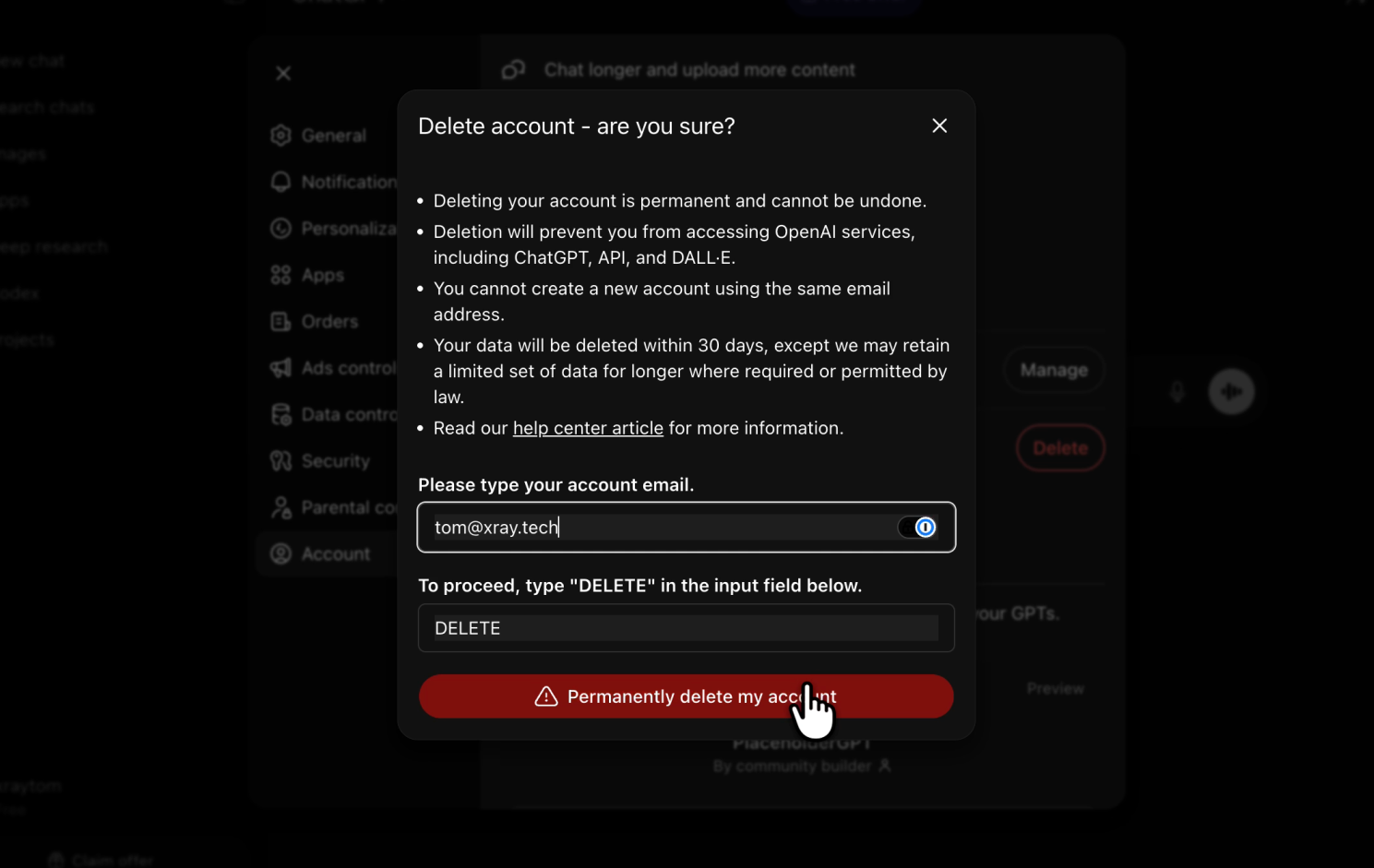 Confirm deletion by typing "DELETE" and your email address