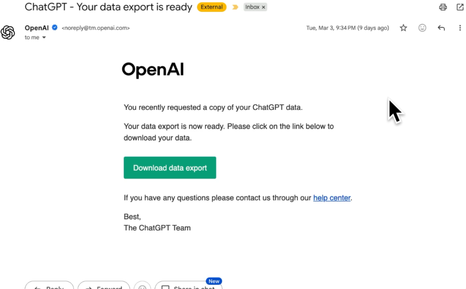An email from ChatGPT alerting the user that their data export is ready