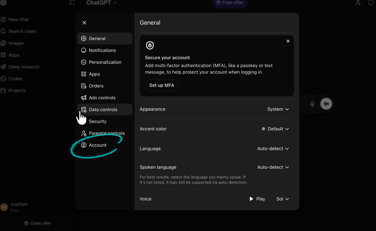 Accessing account settings